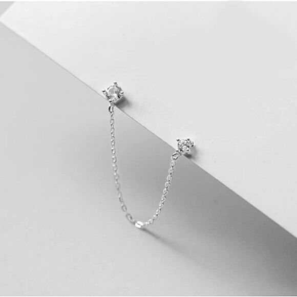 Crystal Chain Stud Sterling Silver Cartilage Double Piercing Climber Earring NEW - Picture 2 of 16
